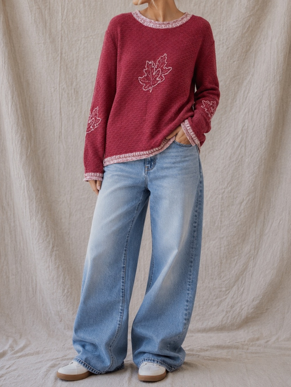 Vintage CC Hughes Red Fall Sweater Medium Embroidered Leaf Cottagecore